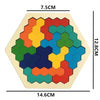 A wooden tangram puzzle set featuring colorful geometric shapes arranged in a hexagonal pattern.