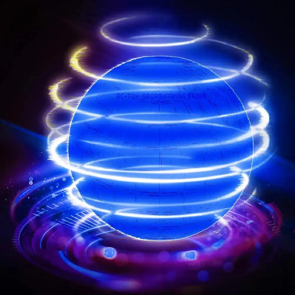 A glowing blue spherical object with swirling light rings and a purple halo, suggesting an LED flying ball boomerang.