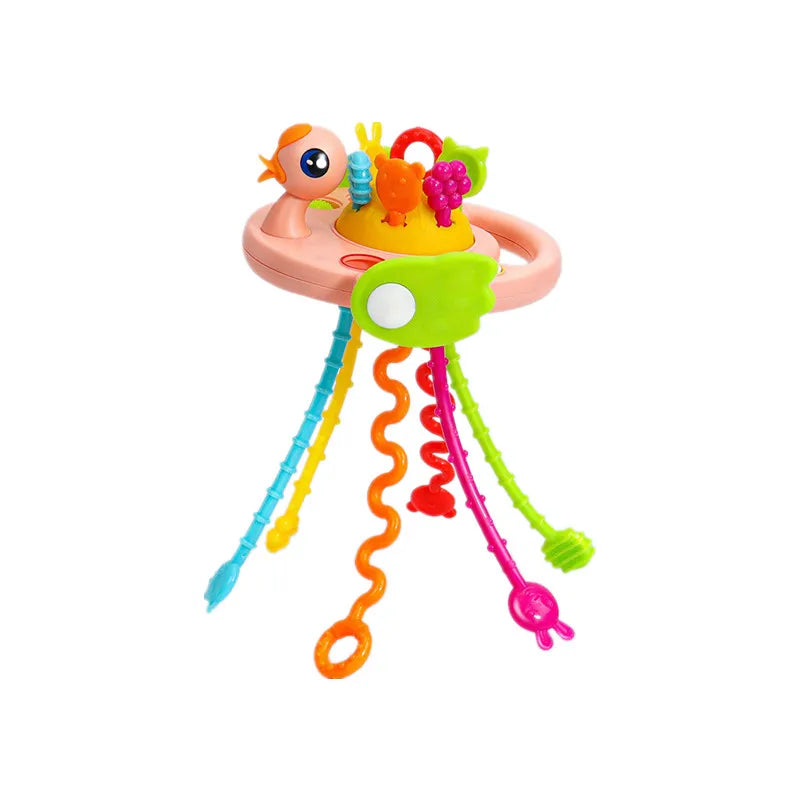 Juguete mordedor de cuerda de silicona con componentes coloridos para bebés.
