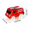 A red race track car toy set with glowing LED features and wheels shown from the side.
