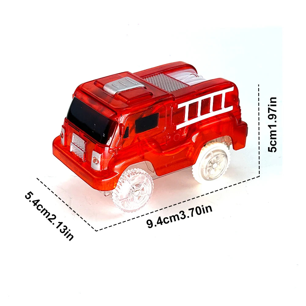 A red race track car toy set with glowing LED features and wheels shown from the side.