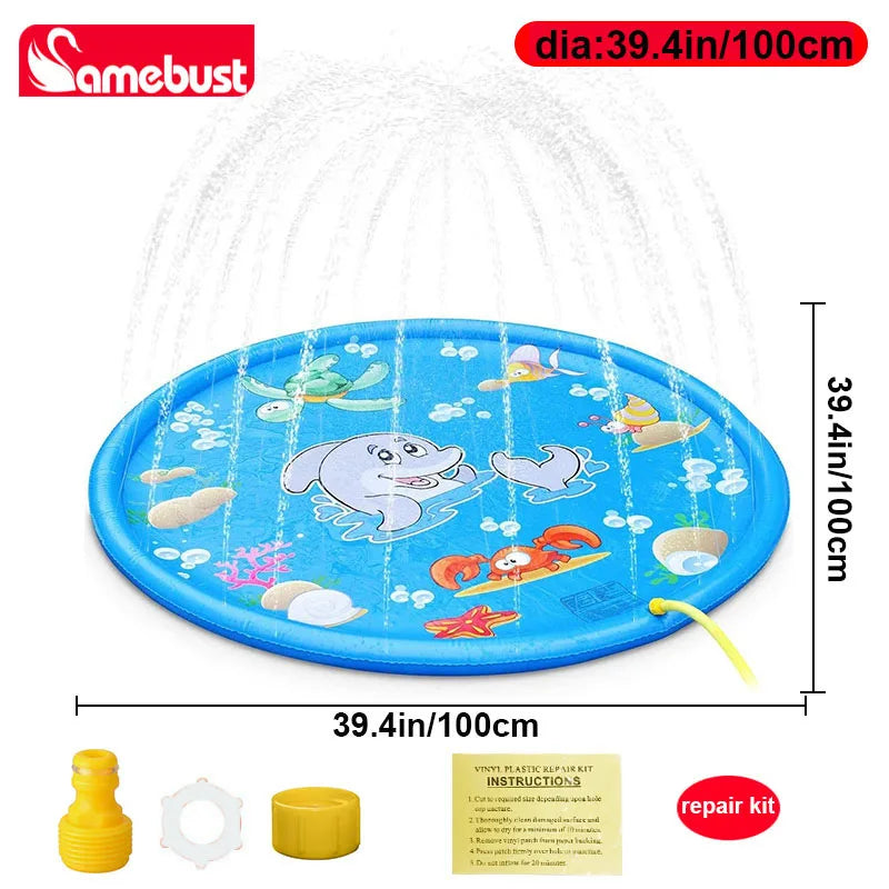 Blue inflatable play mat with water spray features and repair kit instructions