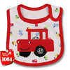 A red and white cartoon cotton feeding bib with a waterproof backing for infants and toddlers.