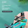A hand holds an air combat repeater toy featuring a green and black airplane launcher with three foam planes.