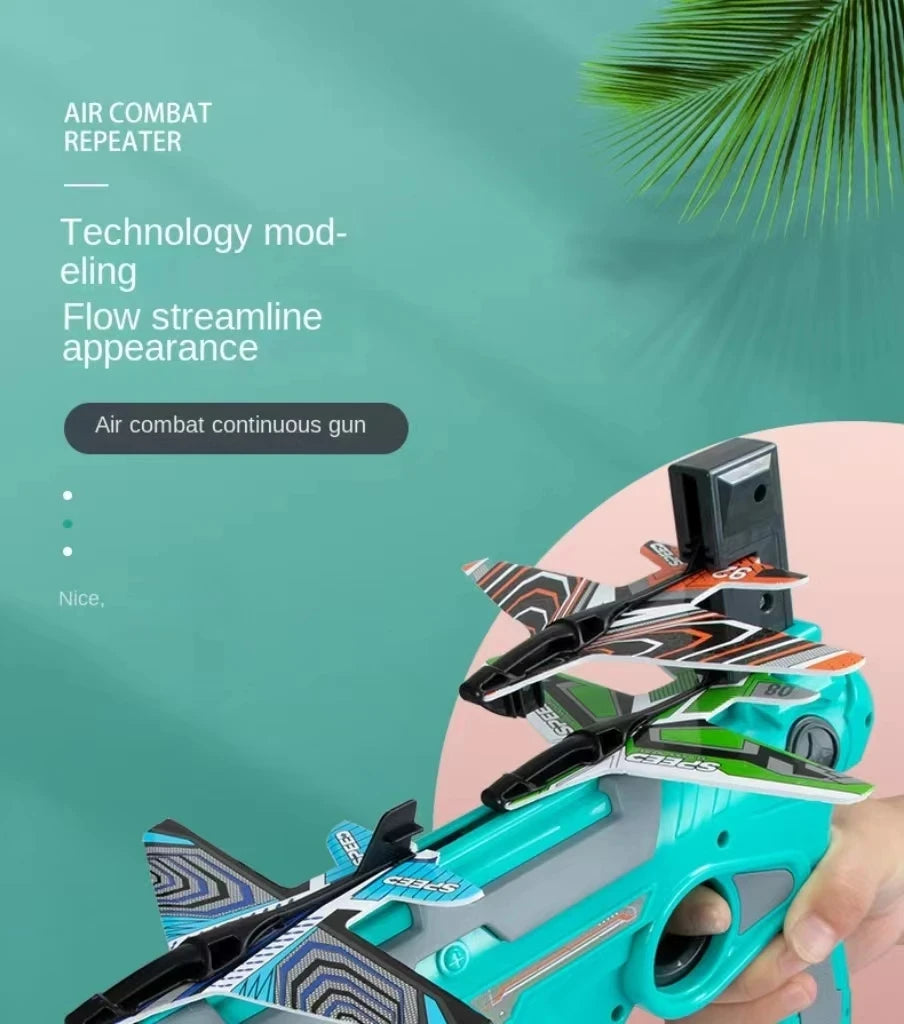 A hand holds an air combat repeater toy featuring a green and black airplane launcher with three foam planes.