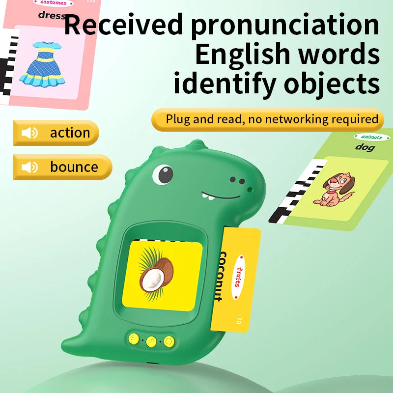 A green interactive toy featuring a dinosaur-like body and a screen, used for learning English words.
