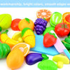 A colorful pretend play cutting food toy set featuring various fruits and vegetables like apples, corn, tomatoes, and squash.