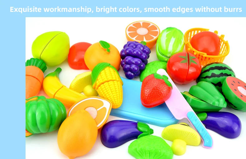 A colorful pretend play cutting food toy set featuring various fruits and vegetables like apples, corn, tomatoes, and squash.