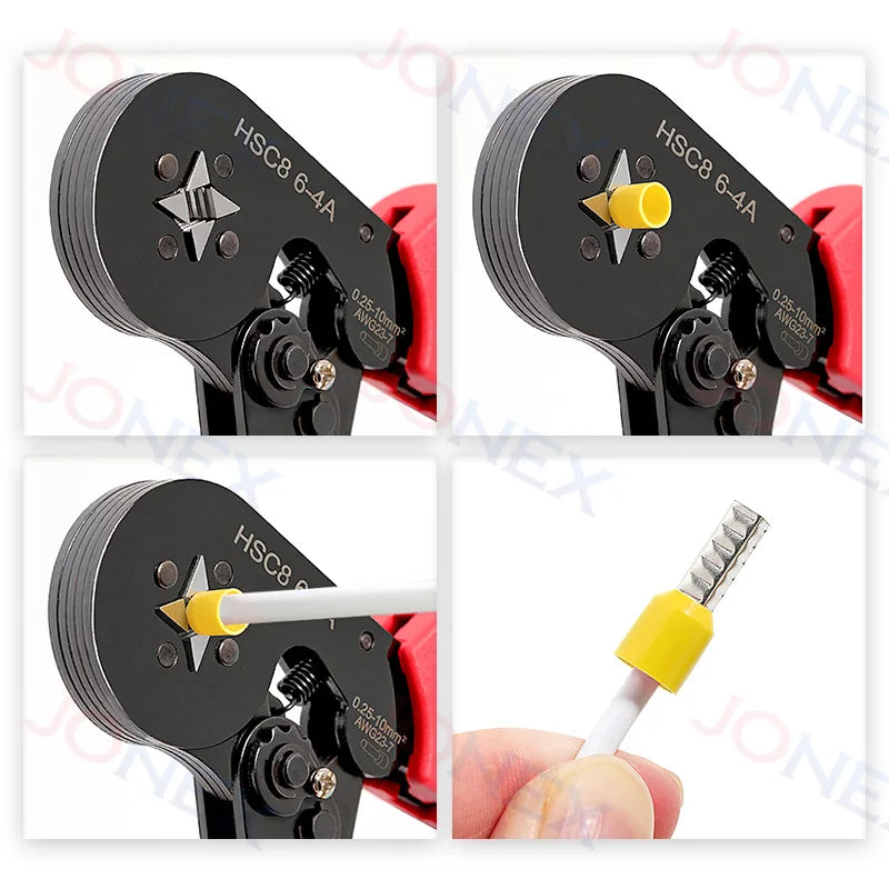 A set of black insulated tubular crimp terminals with yellow dies and red insulation visible in various angles.
