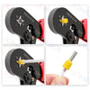 A set of black insulated tubular crimp terminals with yellow dies and red handles for electrical wiring.