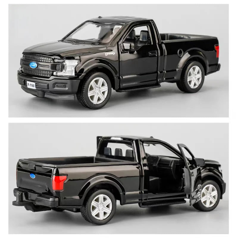 A black Ford F150 SVT Raptor 1:36 diecast model truck shown in side profile.