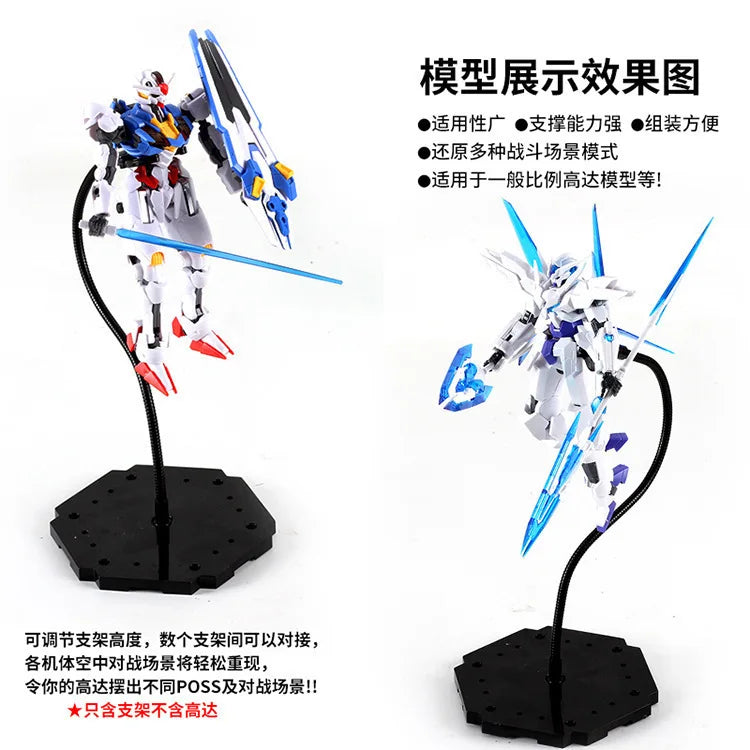 A white and blue mecha action figure is displayed on an adjustable black snake bone stand.