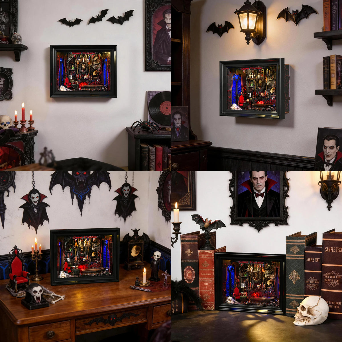 A display of a DIY wooden bookshelf insert kit featuring gothic and vampire themed books with LED lighting.