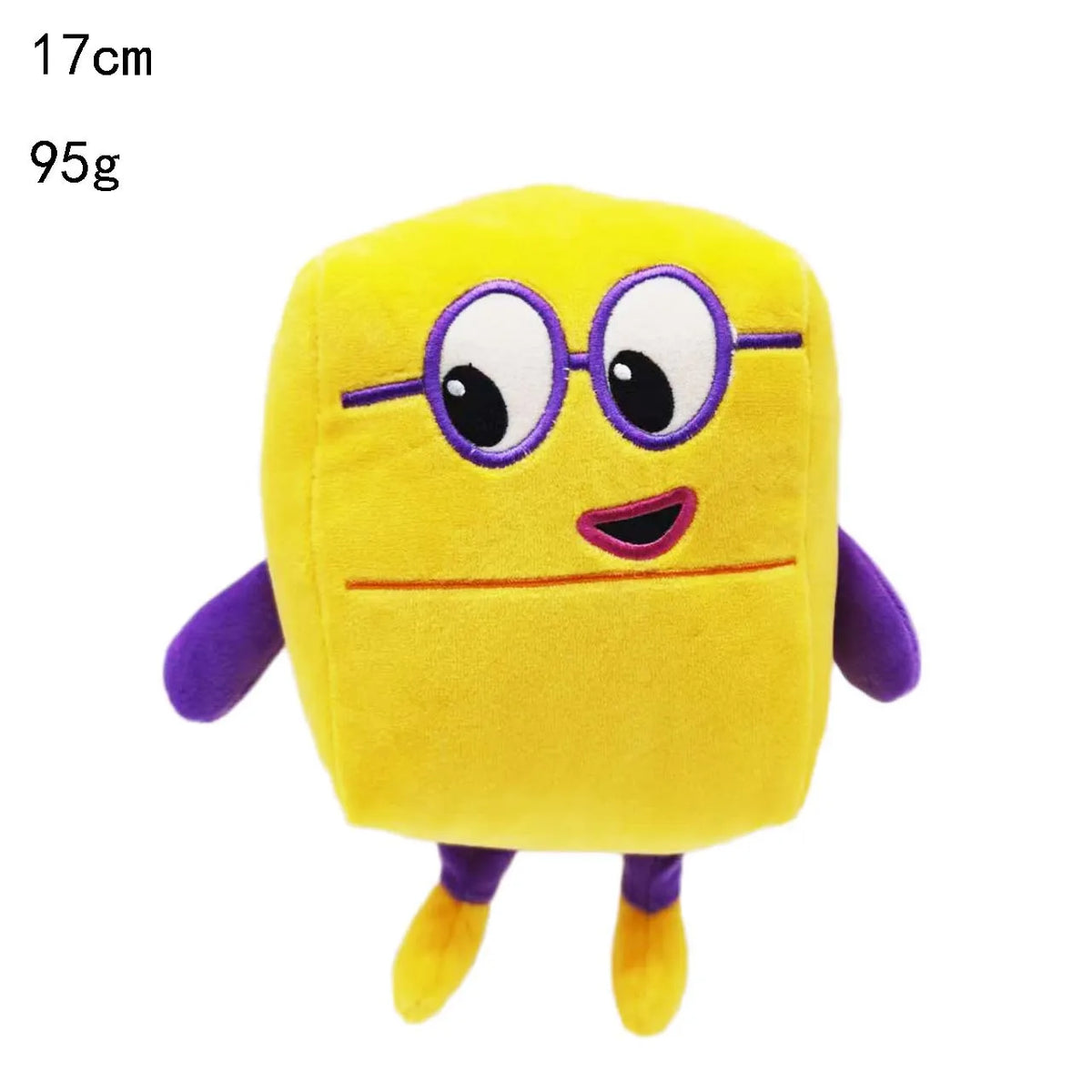 Poupée de collection jaune avec des lunettes violettes et un visage souriant.