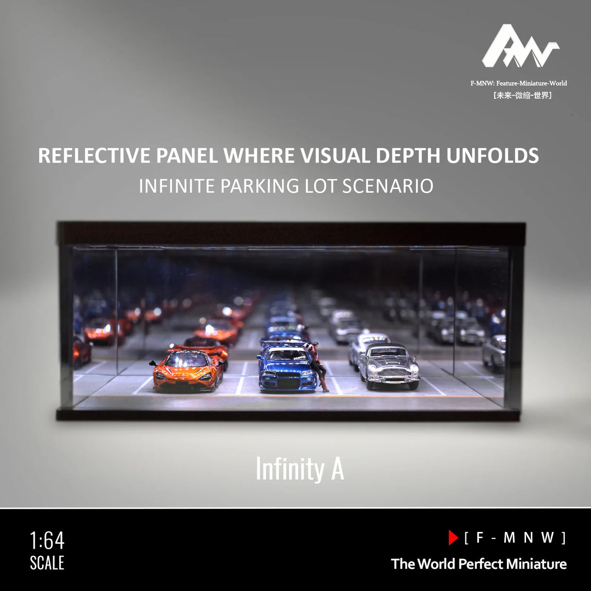 A 1:64 scale transparent display garage showing miniature model cars in an infinite parking lot scenario.