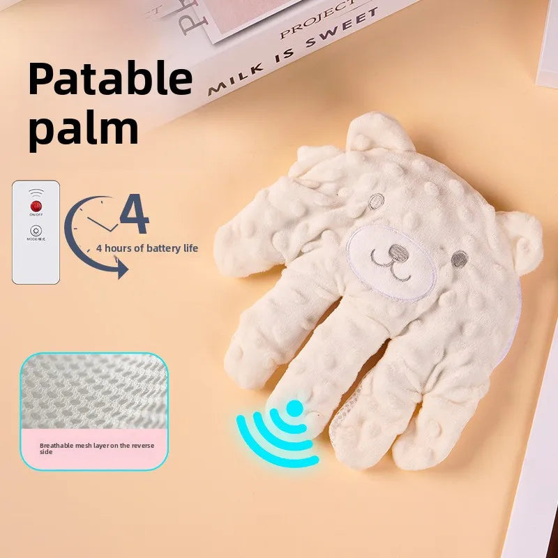 Massacheur à main en forme d'éléphant blanc doux pour bébés, montrant ses fonctionnalités et sa durée de batterie.