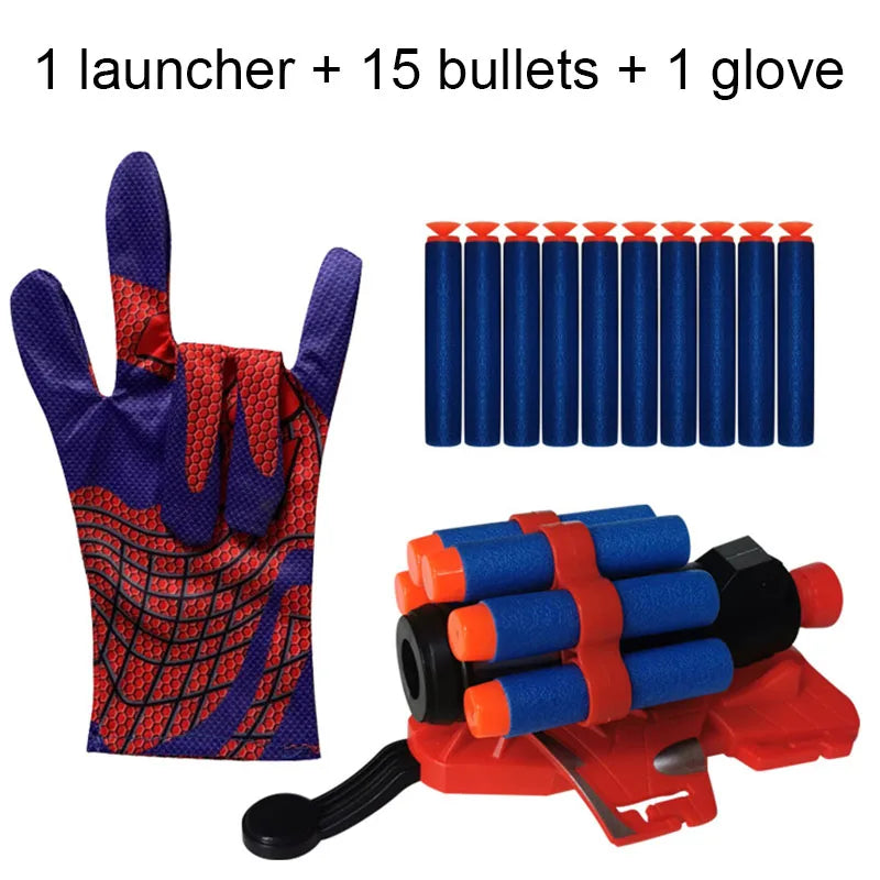 A set of superhero web shooter glove toys including a launcher, 15 bullets, and a glove.