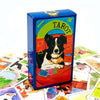 A blue box containing a Tarot deck with colorful card images and text.