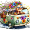 A whimsical illustration of an elderly woman with long flowing hair wearing a flower crown driving a vintage car.