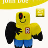 A yellow plush rabbit toy with black ears and blue feet, featuring a red letter R on the chest.