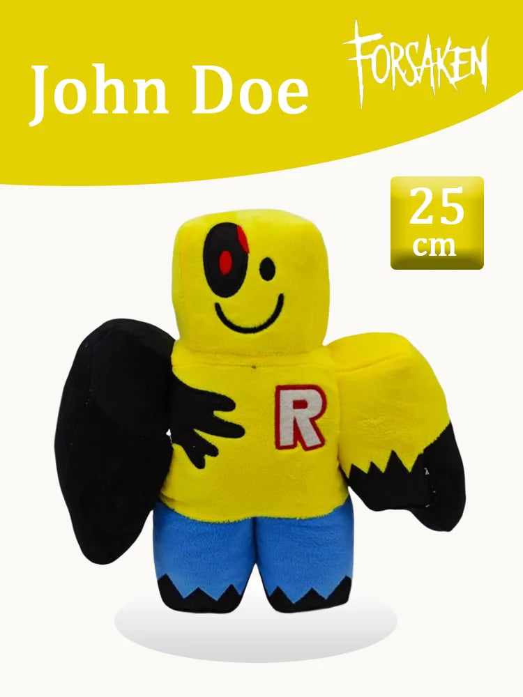 A yellow plush rabbit toy with black ears and blue feet, featuring a red letter R on the chest.