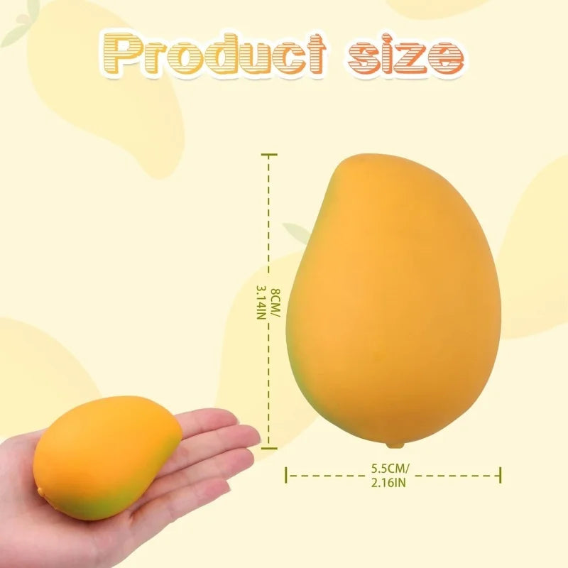 A hand holds a yellow fruit squishy toy, showing its size relative to the palm of the hand.