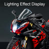 A black Suzuki motorcycle model featuring a lighting effect display and red accents.