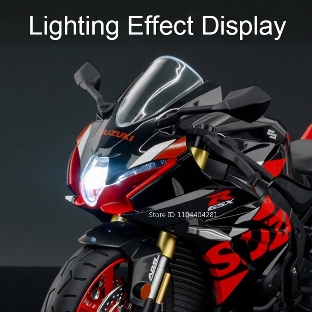 A black Suzuki motorcycle model featuring a lighting effect display and red accents.