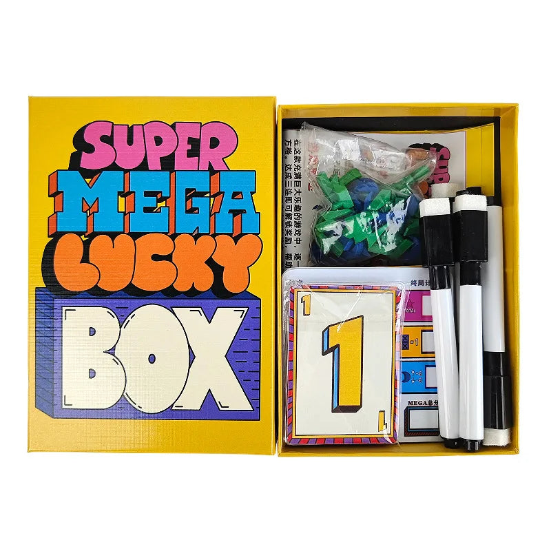 A yellow box for the Super Mega Lucky Box board game, containing game components and tokens.
