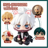 A white chibi PVC figure of a character with pink ears is shown with various display options like shelf, desk, for car, and n