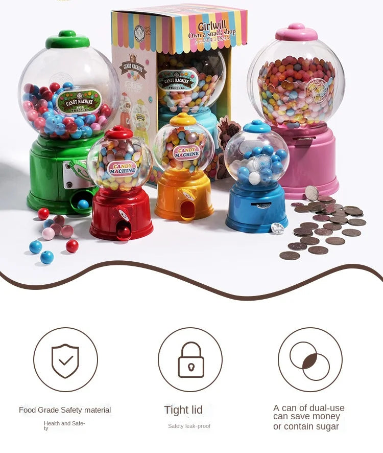 A set of colorful kids candy dispensers and piggy banks for storing and dispensing sweets
