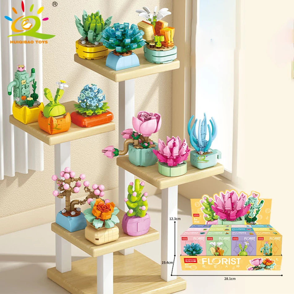 A set of DIY flower succulent building blocks featuring various colorful plants and flowers for desktop decor.