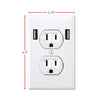 A white electrical wall outlet plate with two power outlets and grounding slots.