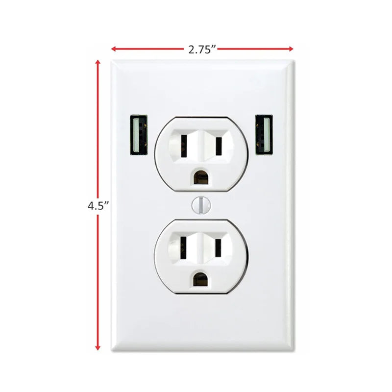 A white electrical wall outlet plate with two power outlets and grounding slots.