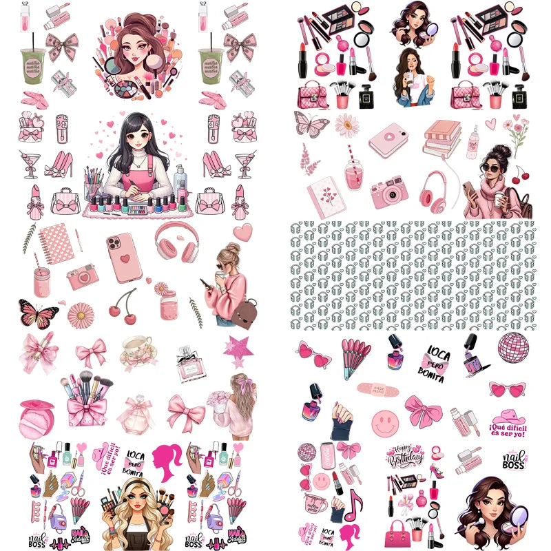 A collection of waterproof makeup-themed cup wraps and accessories for 16oz Libbey glasses.