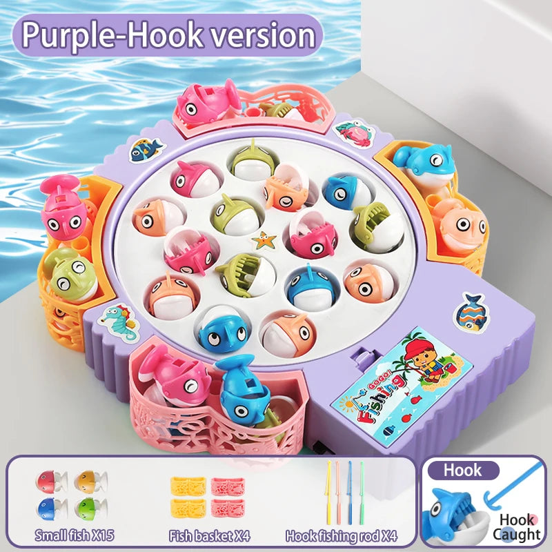 Purple-hook version of a magnetic rotating fishing game plate with various fish figures and hooks