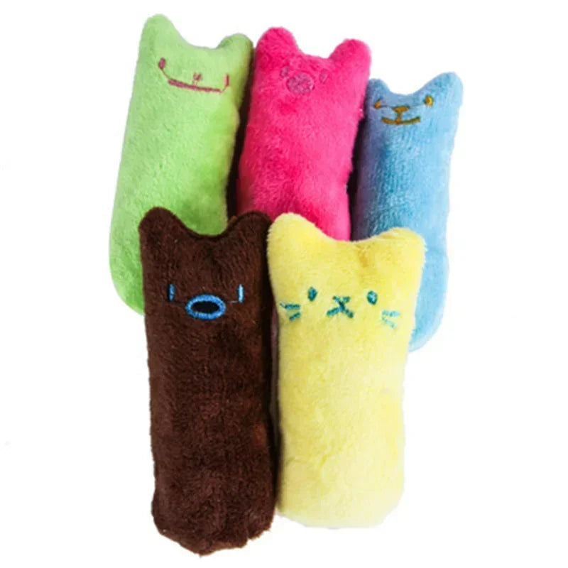 A collection of five colorful catnip plush toys in shades of green, pink, blue, and brown.