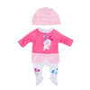 A pink outfit set for a doll including a matching hat, shirt, and pants with cat print details.