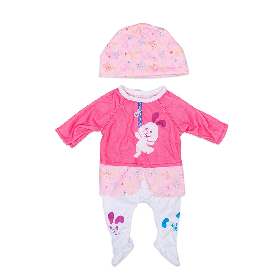A pink outfit set for a doll including a matching hat, shirt, and pants with cat print details.