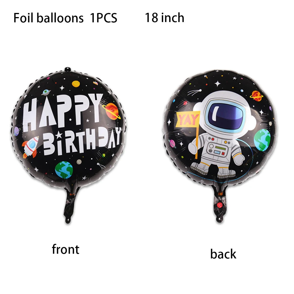 A black foil balloon shaped like an outer space astronaut for a birthday party decoration.