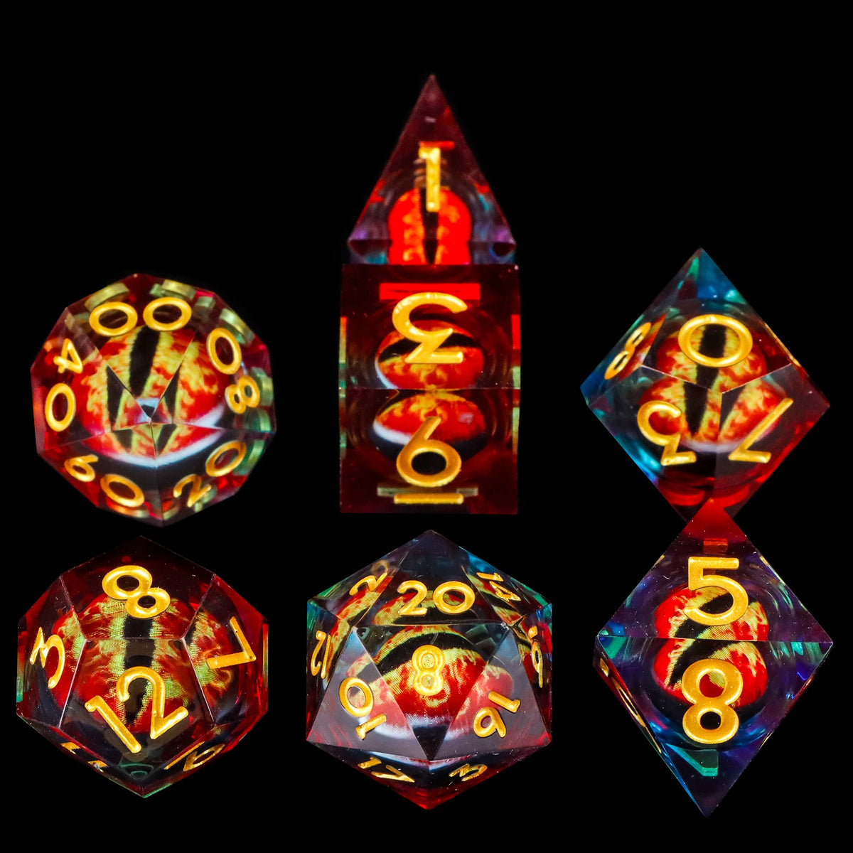 A set of seven sharp edge resin dice in various colors and shapes for role-playing games