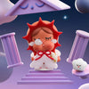 A cute figurine of a crying sun character with red hair and white clothing stands on purple steps against a starry background