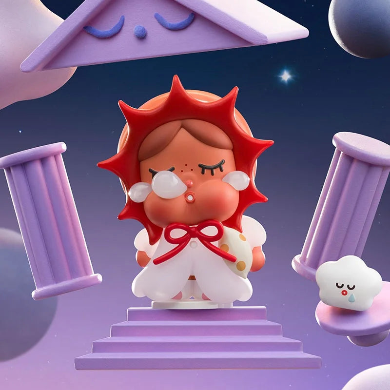 A cute figurine of a crying sun character with red hair and white clothing stands on purple steps against a starry background