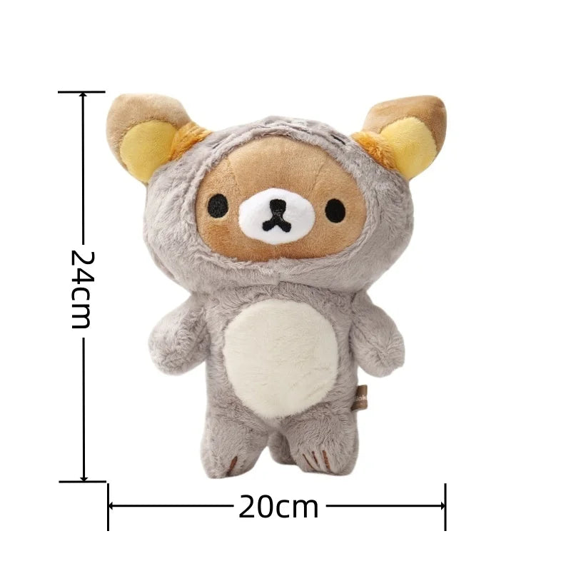 A gray and tan Kawaii Rilakkuma Strawberry Bear plush toy with large ears and a light belly.