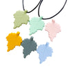 A set of five silicone leaf-shaped necklaces in pastel and natural green tones for teething and sensory calming.