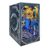 A wooden miniature model kit of a futuristic interior with an LED light, designed as a 3D puzzle bookend for home decor.