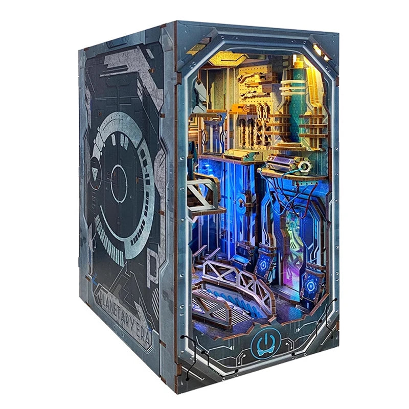 A wooden miniature model kit of a futuristic interior with an LED light, designed as a 3D puzzle bookend for home decor.