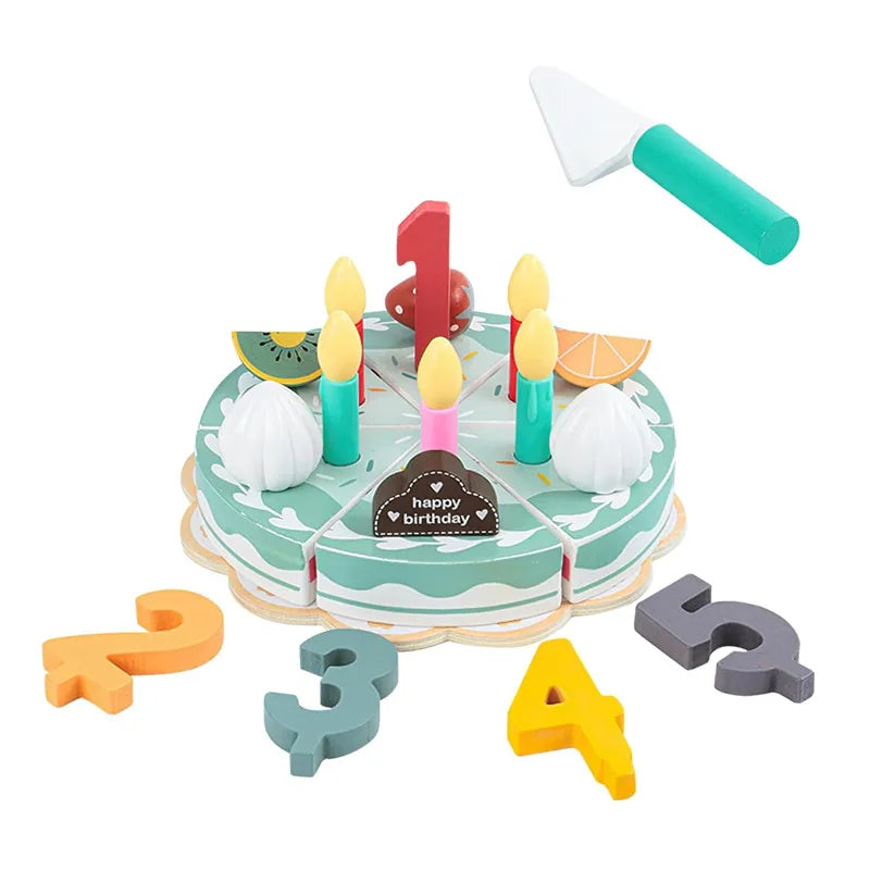 Wooden pretend play kitchen set with a birthday cake and various food accessories