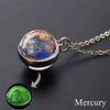 A pendant necklace featuring a sphere resembling the planet Mercury, with a gold chain and a green glow-in-the-dark charm.