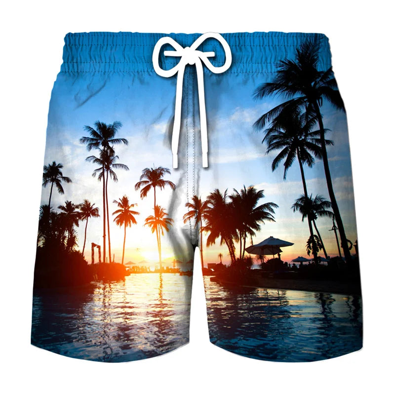 Men's beach swim shorts with a tropical coconut tree print against a sunset water background